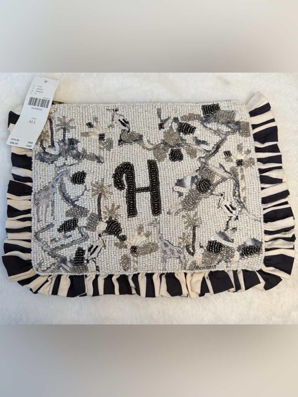 Anthropologie Beaded Monogram “H” Clutch Anna Harlow Russo Black NWT Safari